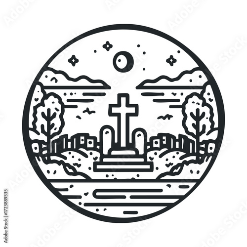 Minimalist black line icon of a cross in a spooky graveyard at night.  