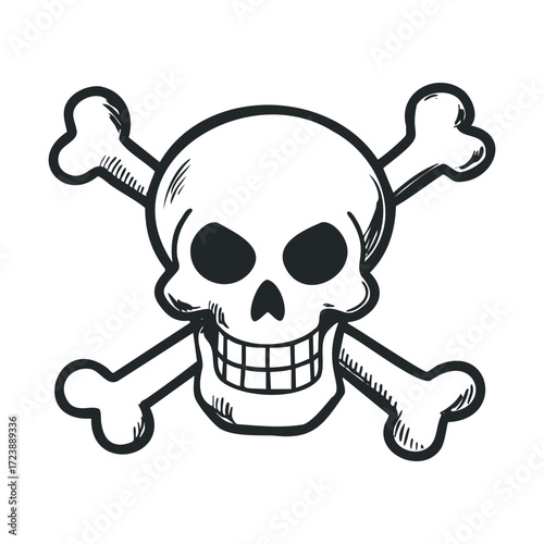 Black and white drawing of a skull and crossed bones symbol.  