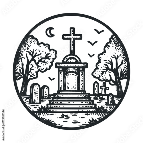 Black and white circular drawing of a spooky cemetery at night.  