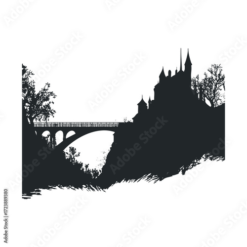 Silhouette of a gothic castle and bridge on a cliff