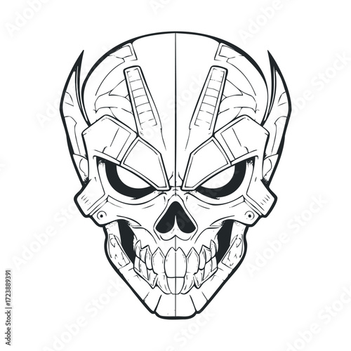 Mecha skull line drawing with aggressive expression