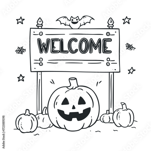 Selection of eight black and white Halloween sketches and icons.