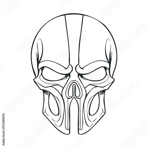 Outline of an aggressive, stylized skull mask.