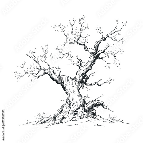  Detailed sketch of a large, gnarled, dead tree.