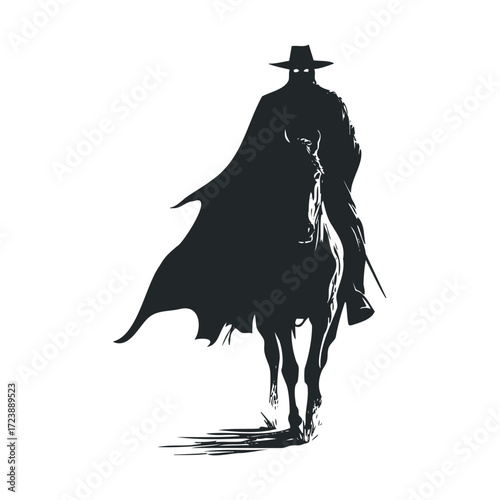  Silhouette of a mysterious caped rider on horseback.