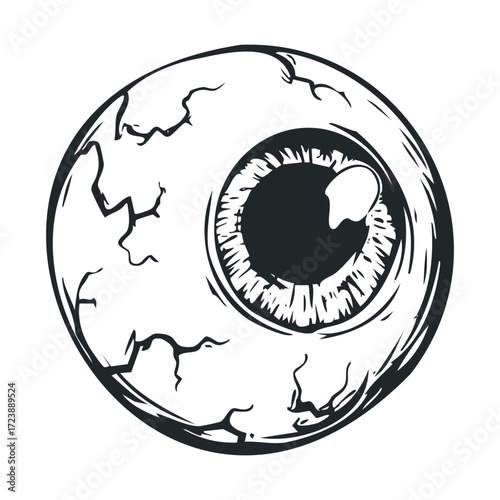 Graphic, black and white drawing of a cracked eyeball.