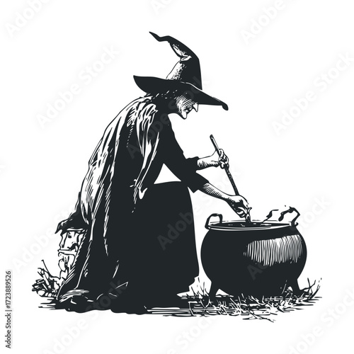 Old witch stirring a potion in a large cauldron.