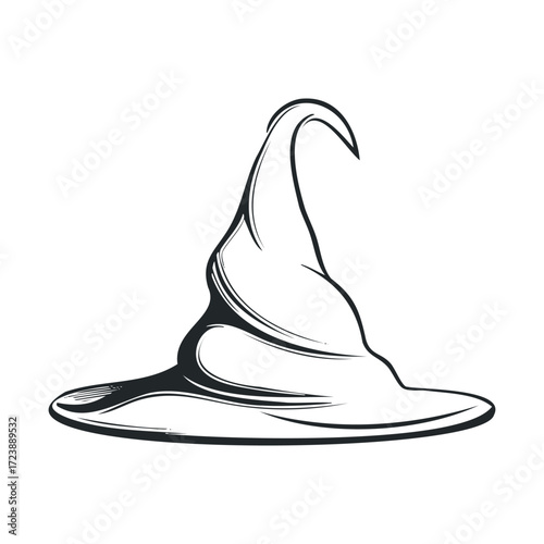Black and white drawing of a floppy, pointed witch hat.