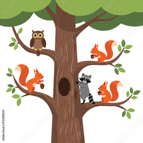 A group of adorable woodland animals gathered on a tree.