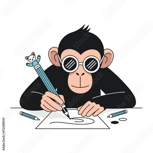 A cheerful monkey wearing round glasses draws a picture on paper.