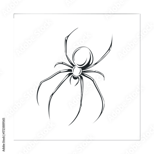 Stylized black and white drawing of a spider with long legs.