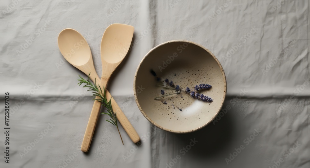 custom made wallpaper toronto digitalNatural wooden spoons and herbs arranged on a textured linen tablecloth, evoking calm and simple living.