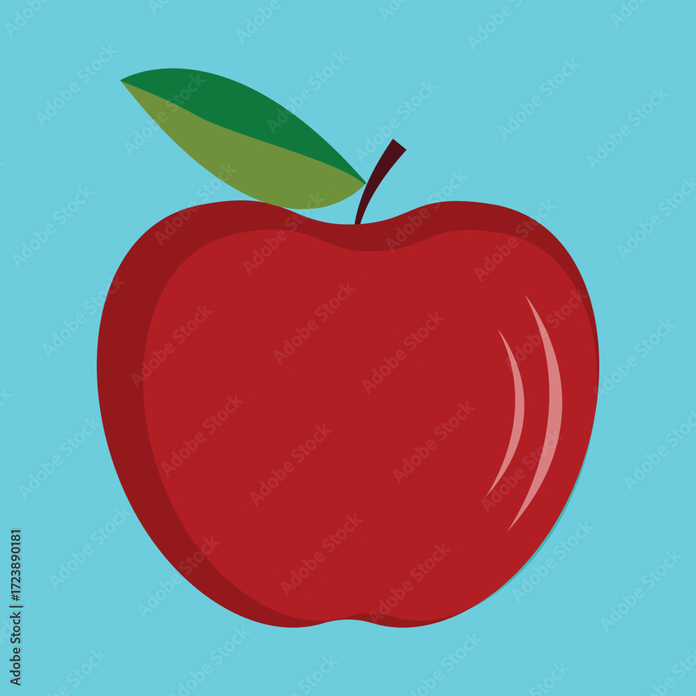 Fototapeta premium American Red Apple fruit, green leaf, vibrant and minimal flat vector art. 