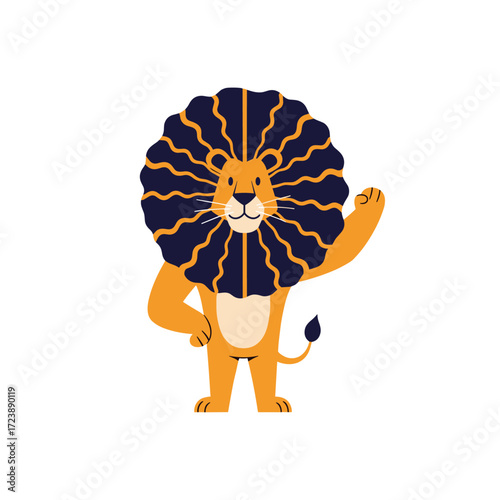 A happy cartoon lion waving hello with a large mane.
