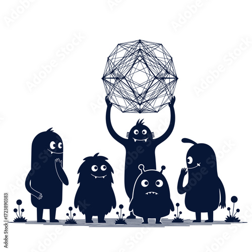 A group of cute monsters admiring a complex geometric shape.