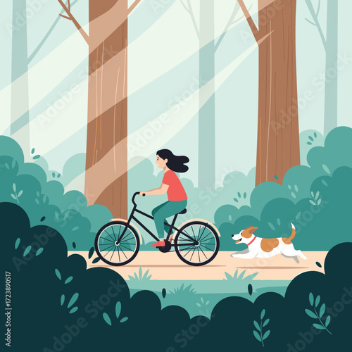 A person enjoys a bicycle ride with their dog in a sunlit forest.
