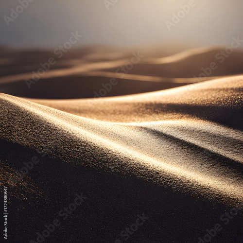 Glistening sand dunes catching the golden light of sunrise