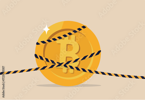 Bitcoin crypto currency banned, government monetary policy, Cryptocurrency crash or digital crime investigation concept, precious high value bitcoin wrap with investigation crime scene yellow tape.
