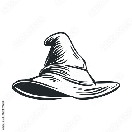Black and white drawing of a pointed witch's hat.