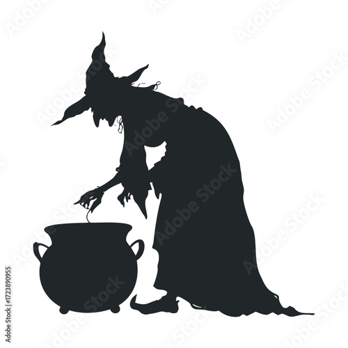 Silhouette of an old witch stirring a large cauldron.