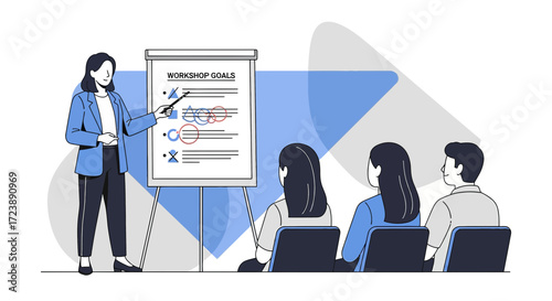 Professional woman leading workshop presentation to diverse audience with goals on display drawing