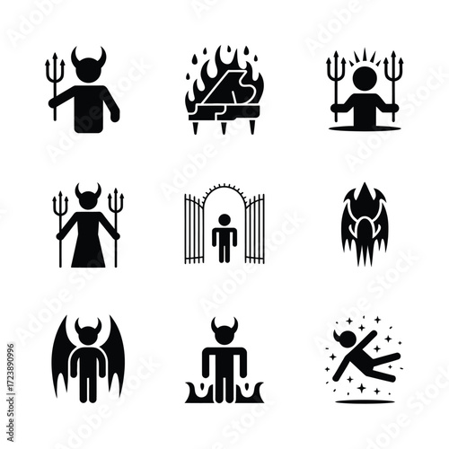 Devil hell and damnation icon set