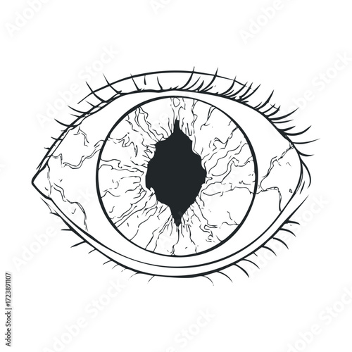 Line sketch of a bloodshot eye with an irregular pupil.