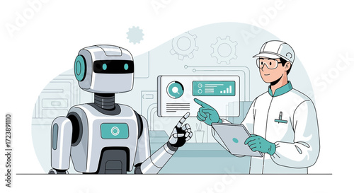 Robot and human worker collaborating on a data analysis project in a modern laboratory or factory