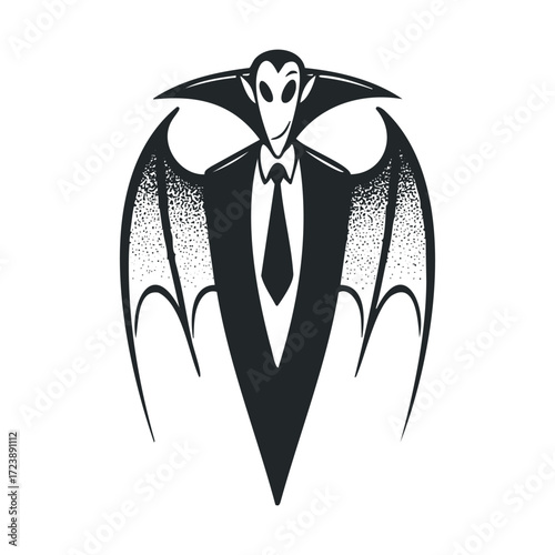 Black and white graphic of a suave vampire with bat wings.
