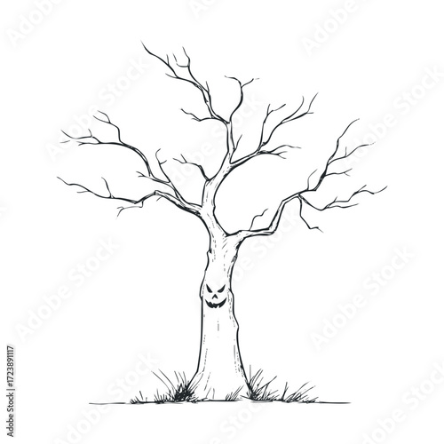 Sketch of a spooky bare tree with a carved, eerie face.