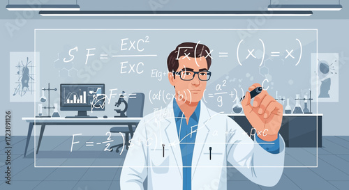 Researcher writing scientific formulas on transparent display in laboratory background
