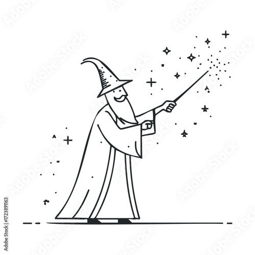 Simple cartoon of a happy wizard casting a sparkling spell.