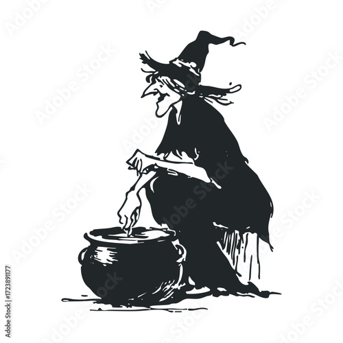Spooky hag stirring a potion in a large cauldron.