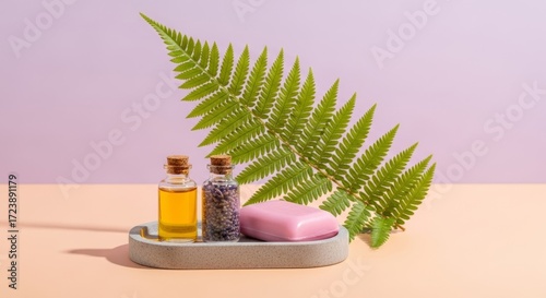 Wallpaper Mural Tranquil spa essentials: natural oils, soap, and green fern leaf on pastel background Torontodigital.ca