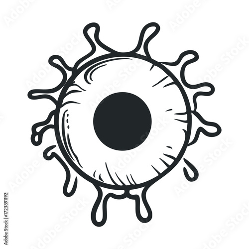 Ominous, dripping eyeball graphic with a dark pupil.