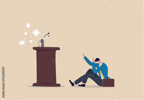 Fear of public speaking, nervous or stress to talk on stage, podium phobia, shy and frightening to give speech to people, fearful nervous businessman sitting hidden behind public speaking podium.