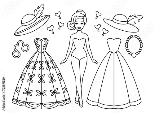 Paper doll and dresses line art for coloring book fashion design