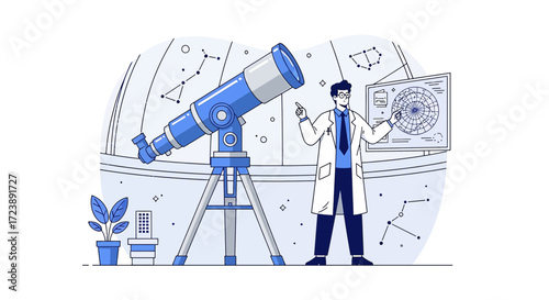 Scientist Explaining Constellations with Telescope and Chart Illustration Design