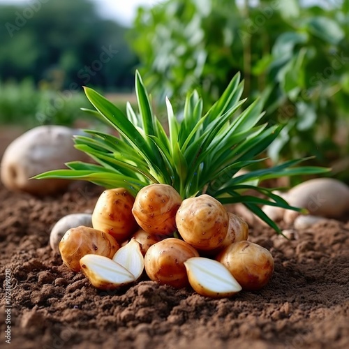 Wallpaper Mural Freshly harvested potatoes piled on fertile soil, with green plants in the background. Torontodigital.ca