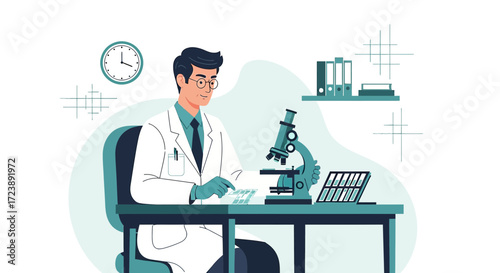 Scientist in laboratory doing research using microscope and analyzing slides flat vector