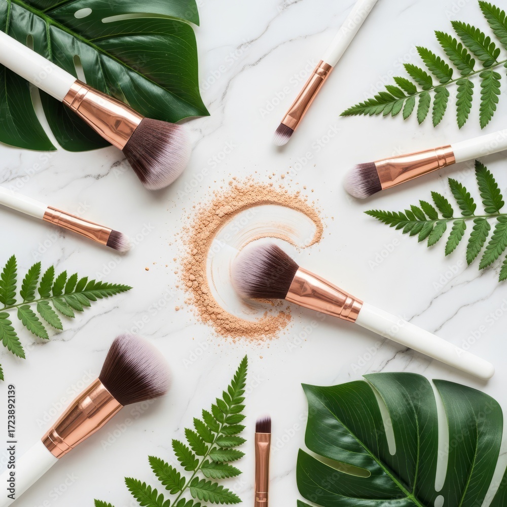 custom made wallpaper toronto digitalElegant makeup brushes arranged with loose powder and lush green leaves on a marble surface
