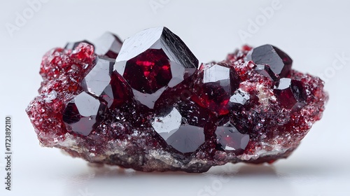 Exquisitely Detailed Macro Capture of Corundum Mineral with Shallow Focus and Pristine White Backdrop Emphasizing Intricate Crystalline Textures