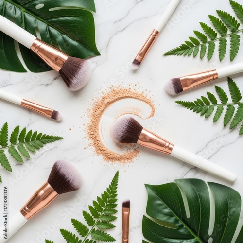 Wallpaper Mural Elegant makeup brushes arranged with loose powder and lush green leaves on a marble surface Torontodigital.ca