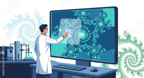 Scientist interacts with fractal analysis on large monitor in a laboratory setting showing cutting