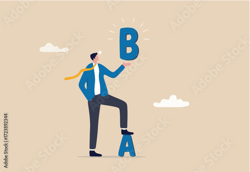 Plan B, alternative solution or business strategy plan to have secondary for emergency case, fallback option or business choice, confidence businessman leader present Plan B while standing on old A.