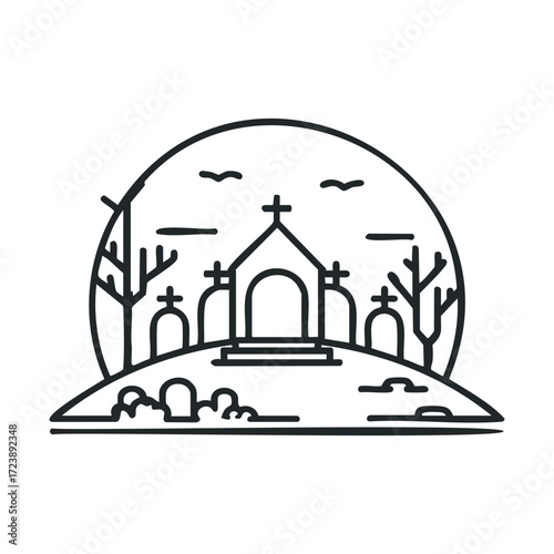 Simple black outline icon of a spooky cemetery on a hill at night