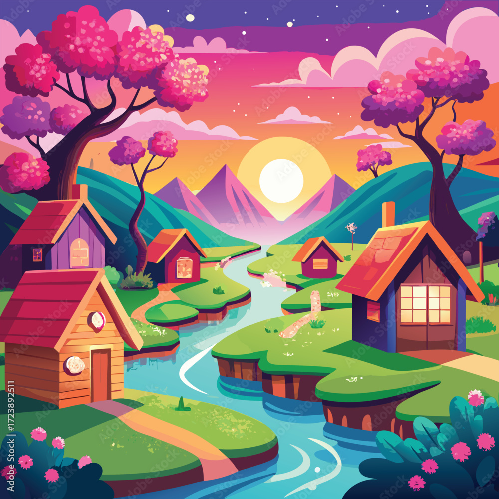 Naklejka premium Romantic evening light across a scenic alpine retreat, with charming wooden houses on rolling green hills, a crystal-blue stream reflecting the colors of twilight, pine forests along the slopes, and g