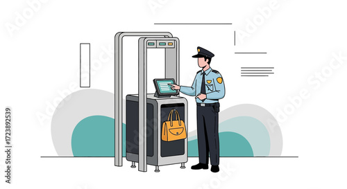 Security guard at airport metal detector performs security check point procedure