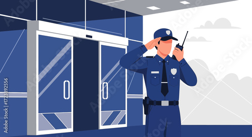 Security officer guarding entrance with walkie talkie ensures building safety and protection