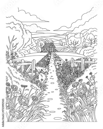 A tranquil country path winds through a wildflower meadow to a distant house, line art for coloring